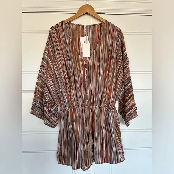 Boutique x Royal & Reese Bell-Sleeve Romper Jumper Jumpsuit Rust/Tan Multi Large - Picture 3 of 13